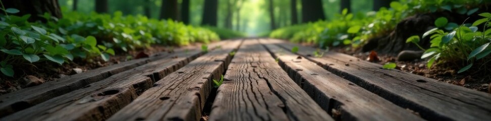 Dark wooden planks with intricate carvings on a rugged forest floor,  woodgrain,  wood texture,  nature