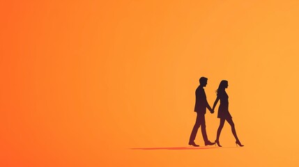 Fototapeta premium A couple holding hands early autumn clothes, far-right vanishing point, walking diagonally from camera at a 45 degree angle, visible side profiles and backs, dynamic asymmetrical perspective