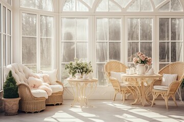 Bright scandinavian interior featuring light wood table, wicker chairs, and glass display cases