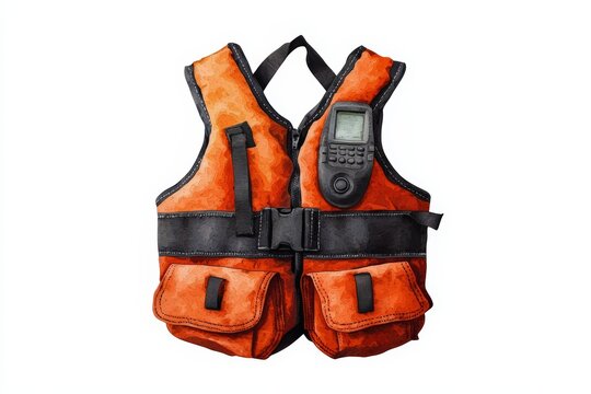 Bright orange life vest with pockets and a radio, ideal for boating, safety measures, and outdoor adventures.