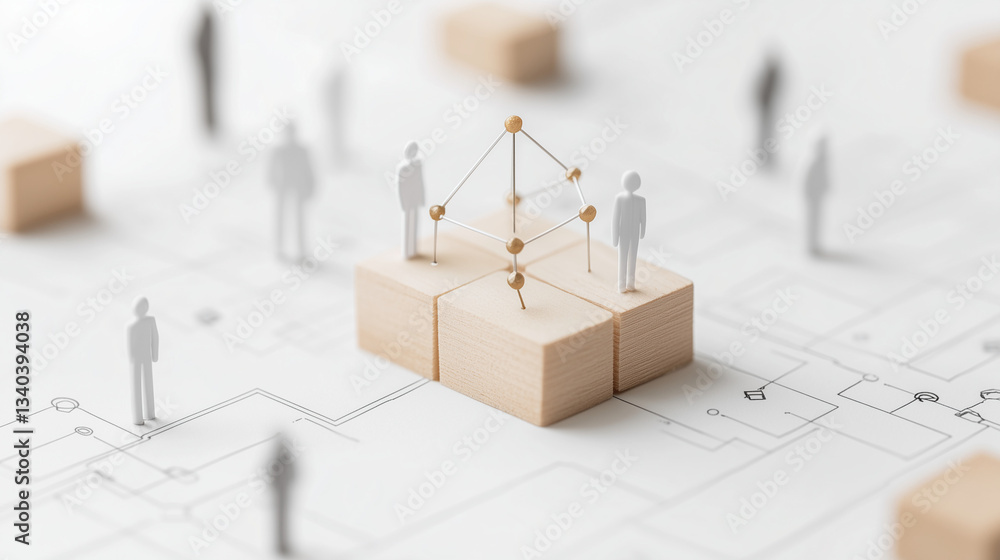 Poster connection and collaboration: miniature figures symbolize teamwork and networking, representing the 