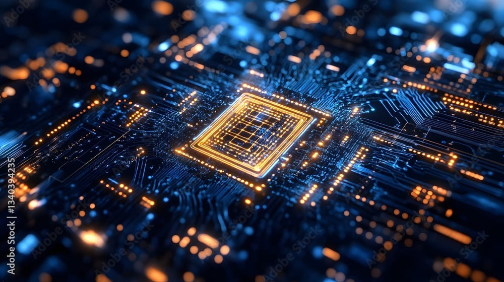 Poster a computer chip is shown in a blue and orange color scheme. the chip is surrounded by a grid of oran