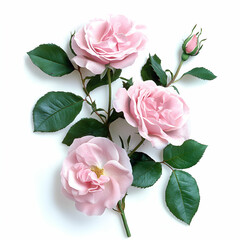 Fototapeta premium Beautiful pink roses with lush green leaves, cut out against a clean white background, showcasing their delicate petals