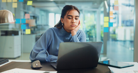 Bored, laptop and tired with business woman at desk in office for administration or planning....