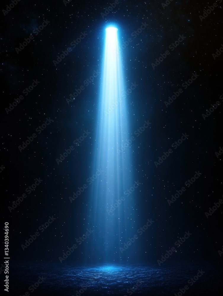 Poster ethereal blue light beam shining down from above illuminating a dark space with scattered stars crea