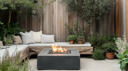 A fire pit is surrounded by a garden and a bench. The fire pit is surrounded by a wooden fence and has a stone base. The garden is filled with various plants and flowers, including a few potted plants