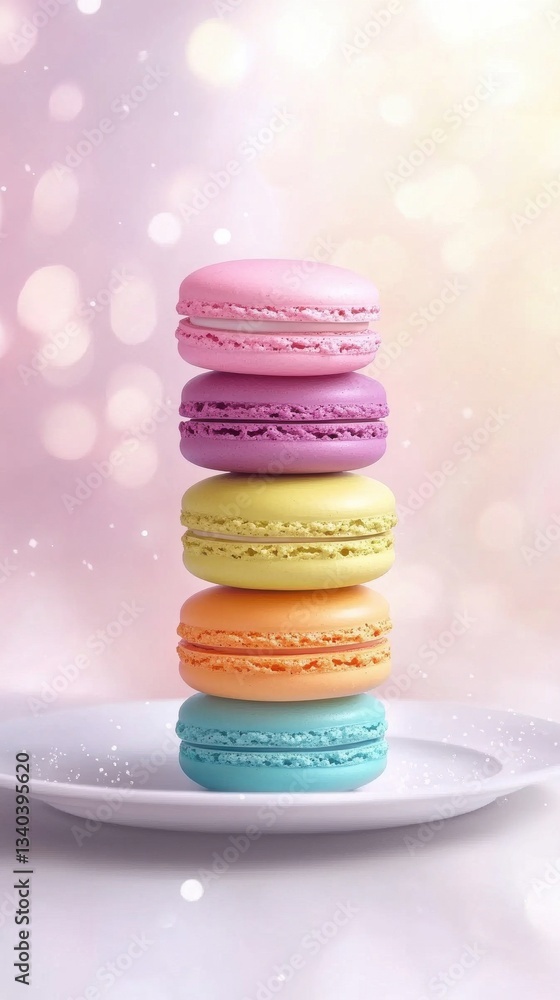 Aufkleber Stack of colorful macarons arranged on a white plate against a soft bokeh background