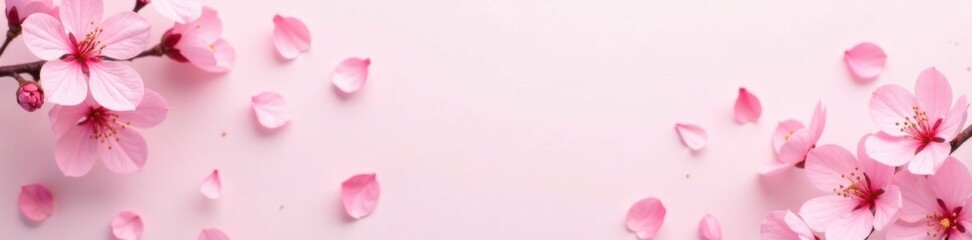 Delicate abstract pink sakura petals scattered across a minimalist cherry blossom background with pastel hues, minimalist, pink