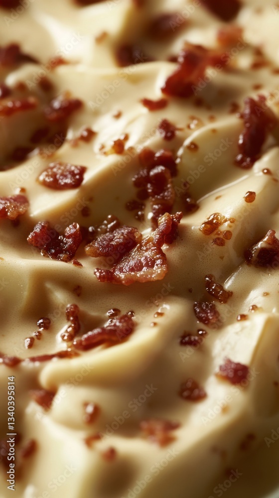 Poster delicious close-up of creamy mashed potatoes topped with crispy bacon bits in a cozy kitchen setting
