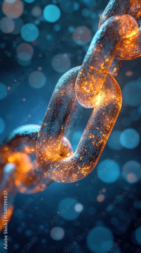 Poster metallic chain links glowing with orange and blue light on a dark background for security and connec
