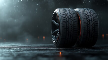 Two high-performance tires stand out in the rain, showcasing their tread patterns and sleek design under moody lighting.