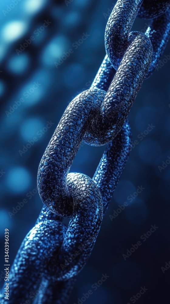 Poster metallic chain link with a textured surface in a blue hue against a blurred dark background strength