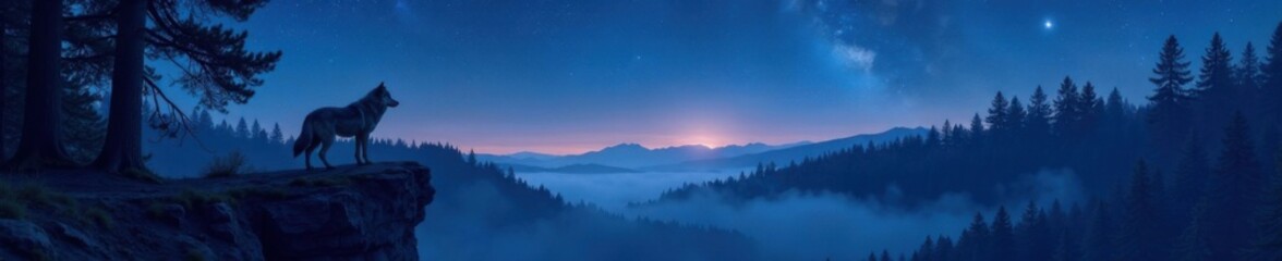Obraz premium Dense forest under starry night sky with lone wolf standing on a cliff edge , rocks, forest, moon