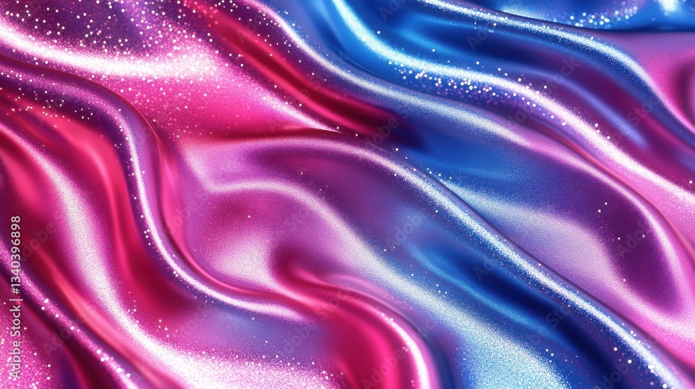 Poster Vibrant fabric waves in magenta and blue with sparkling texture flowing gracefully in a dynamic abstract display