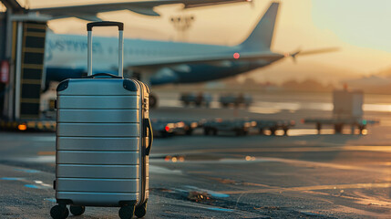 A sleek silver carry-on suitcase stands on the airport tarmac as the sun rises.