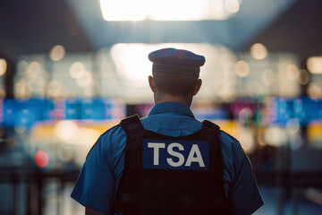 A Transportation Security Administration (TSA) officer in a blue uniform and tactical vest, standing with their back to the camera at an airport security checkpoint.