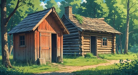 Obraz premium Historical Wooden Outhouse Next to an Abandoned Log Cabin