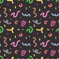 Seamless pattern with simple colored line drawings. Children's background with scribbles.