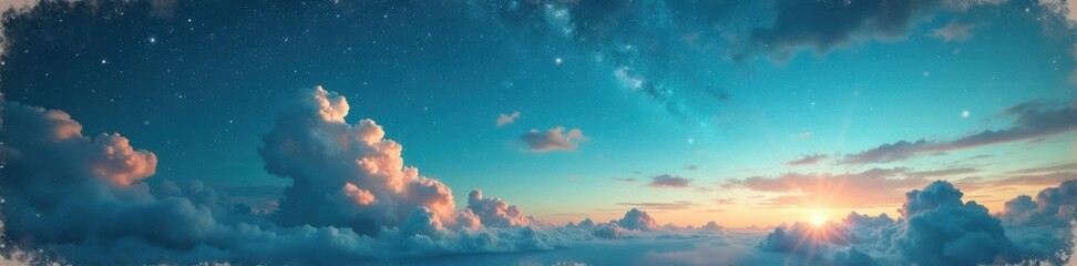 Fototapeta premium Distressed paper with faded retro-style sky featuring wispy clouds and twinkling stars , weathered, retro, faded