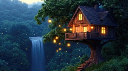 Fototapeta premium Treehouse in the woods landscapes idea. A magical treehouse nestled in a serene forest with a cascading waterfall nearby.