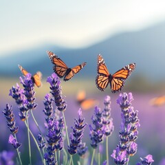 Captivating monarch butterflies gracefully fluttering above vibrant lavender field in soft morning light nature beauty