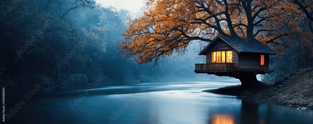 Poster treehouse in the woods landscapes idea. a serene treehouse overlooking a calm river with autumn leav