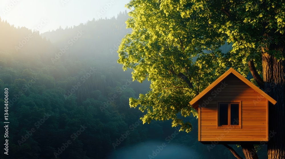 Poster treehouse in the woods landscapes idea. a serene treehouse nestled in a lush green forest with gentl
