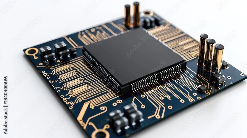 Poster close-up of a modern circuit board showcasing intricate design and metallic components, ideal for te