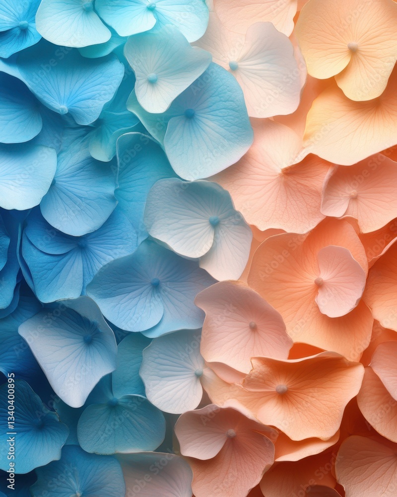Poster Captivating close up of gradient hydrangea petals in blue and peach tones creating a serene floral background
