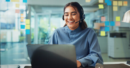 Professional, laptop and woman with microphone on online meeting for client briefing, campaign...
