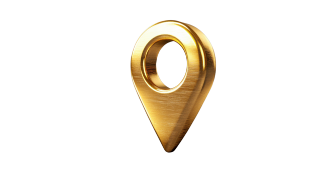 Golden location pin icon on transparent background symbolizing navigation and destination
