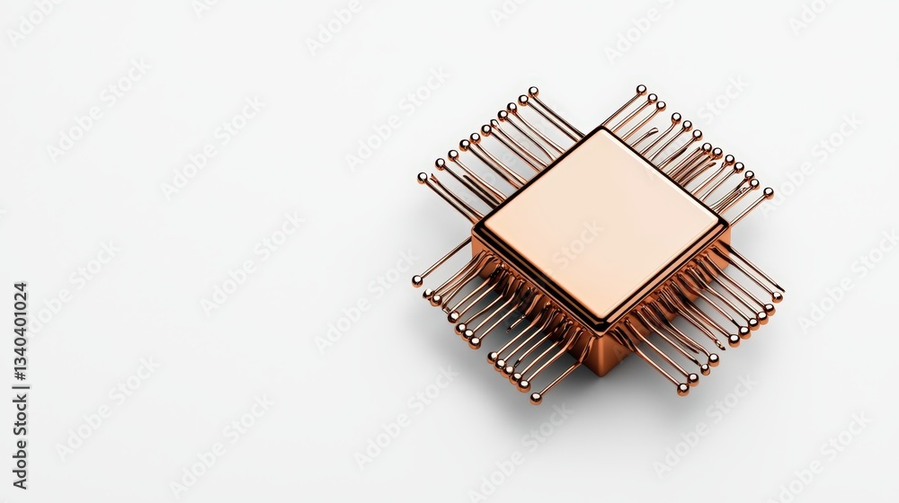 Poster close-up of a modern microchip with intricate design and metallic pins, showcasing technology and in
