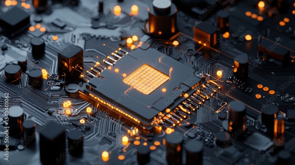 Aufkleber close-up of a modern microprocessor on a circuit board, featuring intricate details and glowing ligh