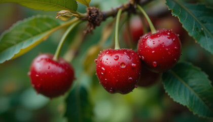 Amazing macro shot of cherry fruit on tree