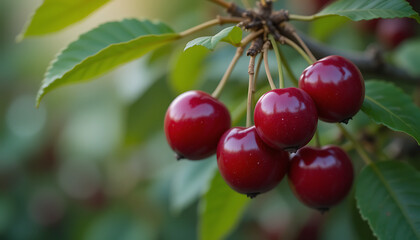 Amazing macro shot of cherry fruit on tree