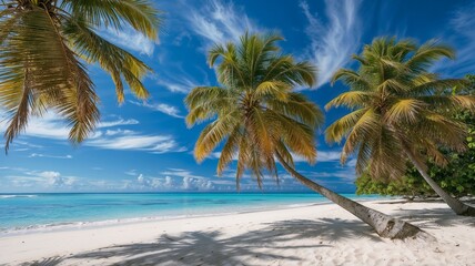 Fototapeta premium Tropical Beach with Palm Trees and Turquoise Ocean