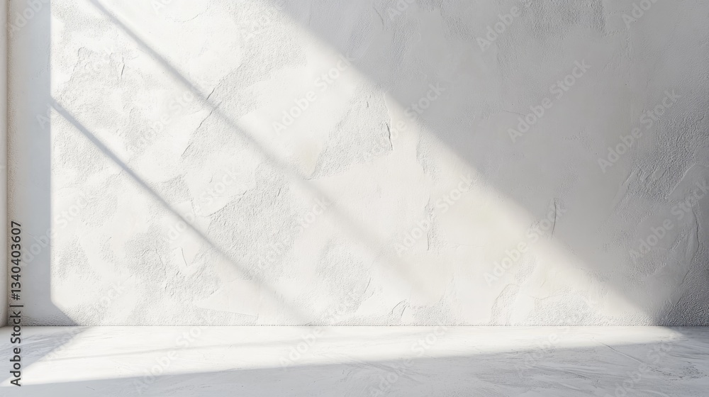 Poster sunlight streams through a window, creating soft shadows on a smooth white wall, enhancing the brigh
