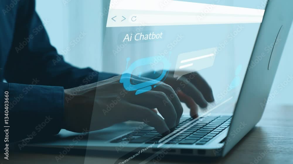 Poster human interact with ai artificial intelligence virtual assistant chatbot in concept of ai artificial