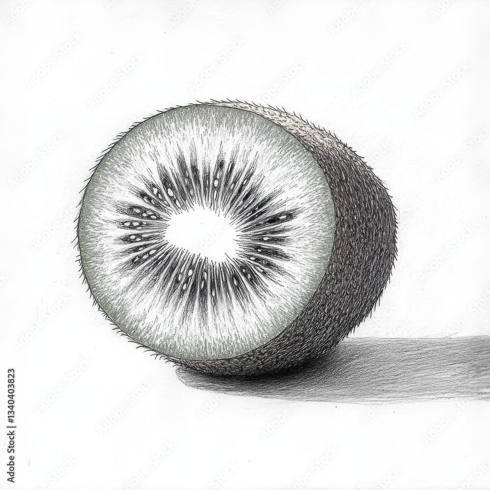 Poster Whole kiwi fruit displaying its fuzzy exterior and unique internal structure in a soft light setting