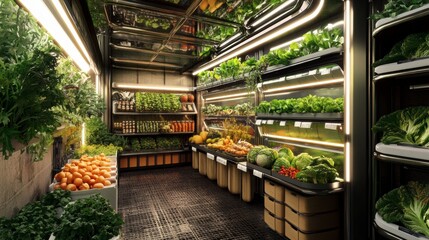 A futuristic market stall displaying fresh produce grown in urban vertical farms