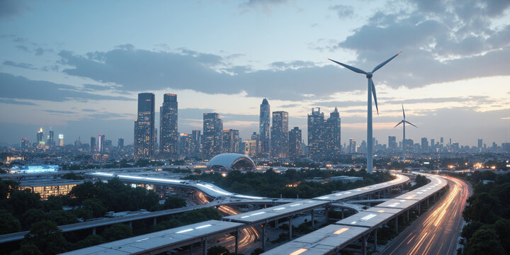 Renewable Energy Smart Grid Visual concept of a renewable energy powered smart grid, interconnected network of solar panels, wind turbines, and energy