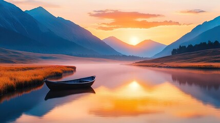 National park scenic landscapes idea. Stunning sunset over calm waters, with mountains reflecting on the serene lake.