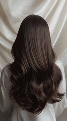 Naklejka premium Beautiful model girl with Brown hair strand,silky healthy chestnut wavy hair strand,hair wavy ribbon, with smooth,Keratin straightening,Treatment,straight long hair,procedures,Smooth hairstyle.