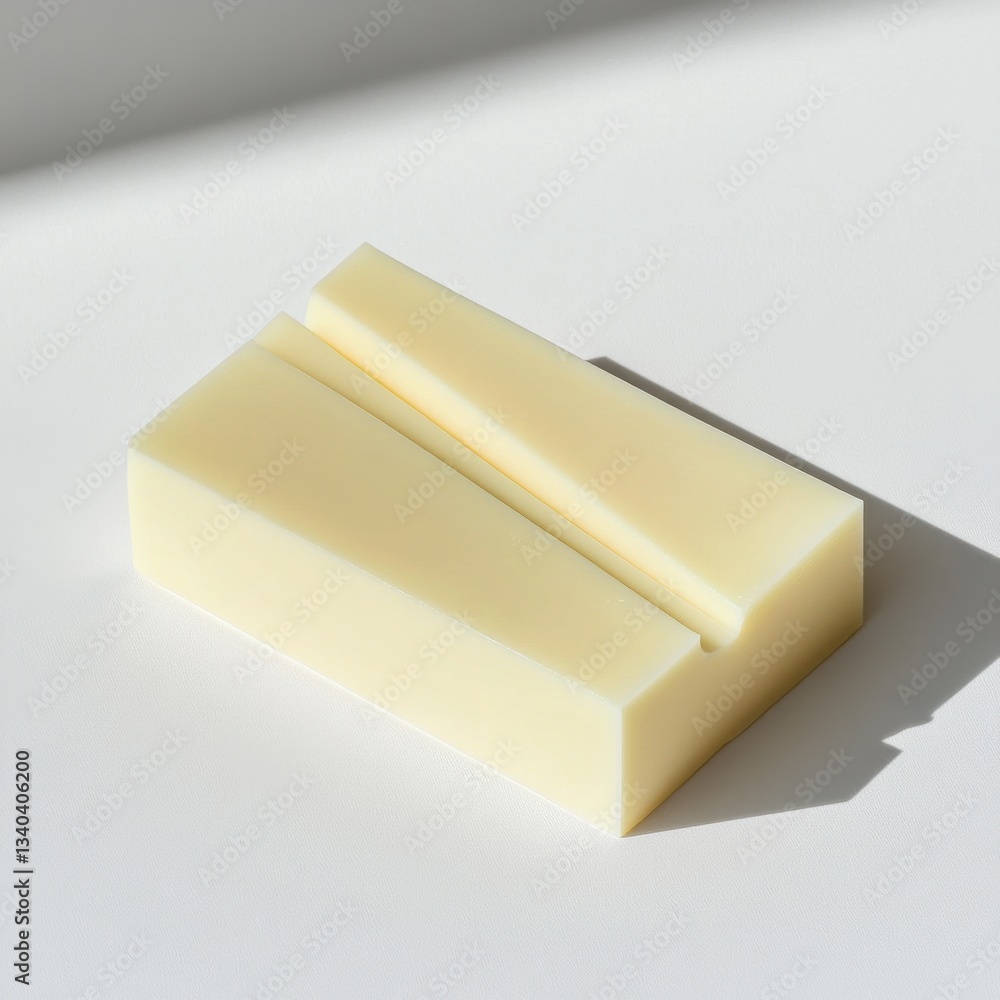 Poster smooth creamy butter block resting on a kitchen countertop in soft sunlight
