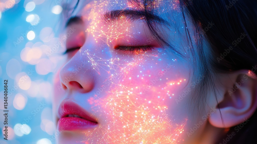 Poster serene expression of a woman’s face illuminated by soft glowing lights in a dreamy, ethereal setting