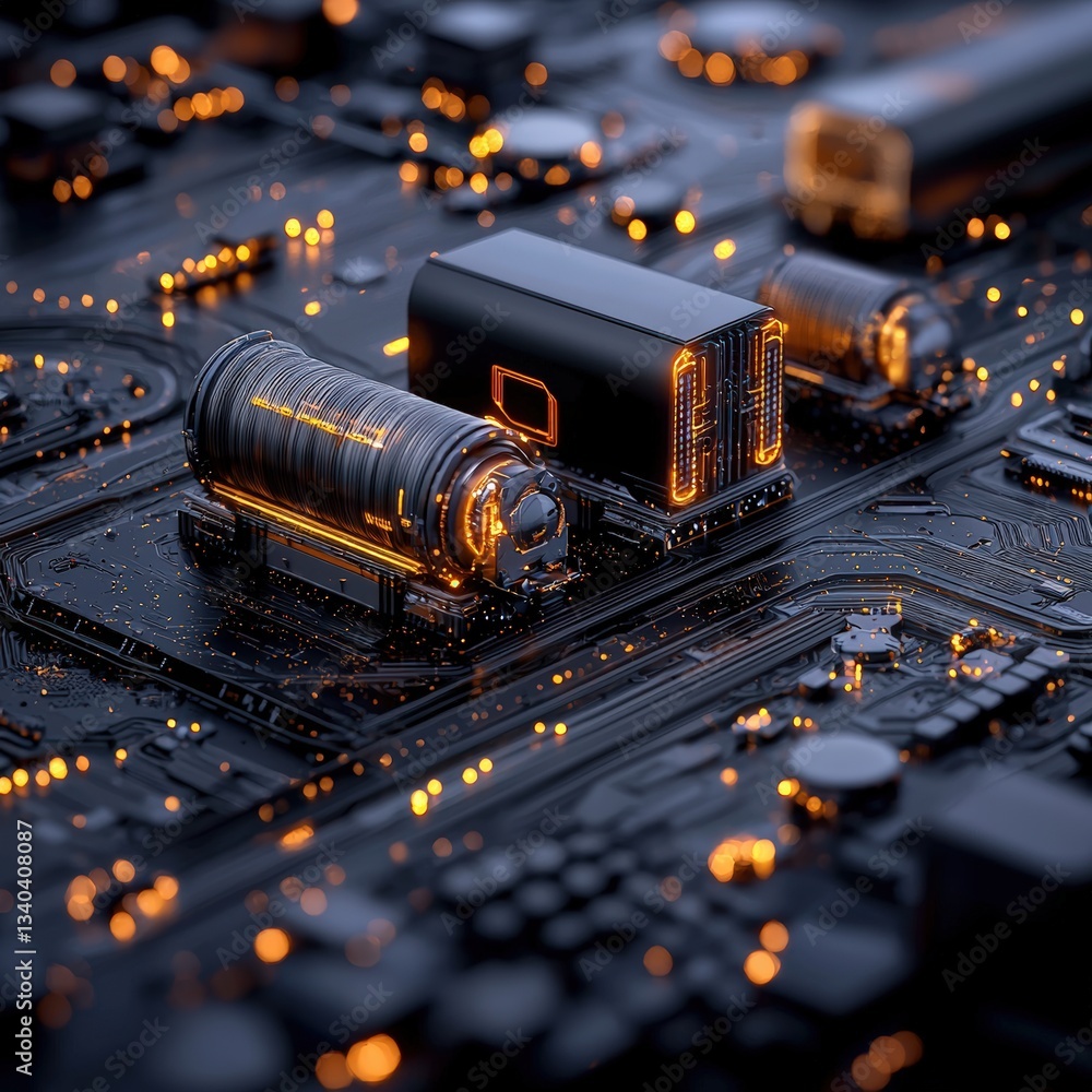 Poster close-up view of a circuit board with glowing components, showcasing modern technology and intricate