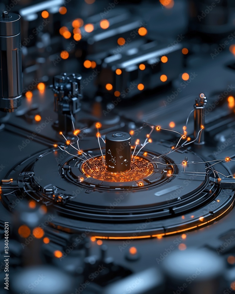 Poster close-up view of a futuristic circuit with glowing elements, showcasing technology and innovation in