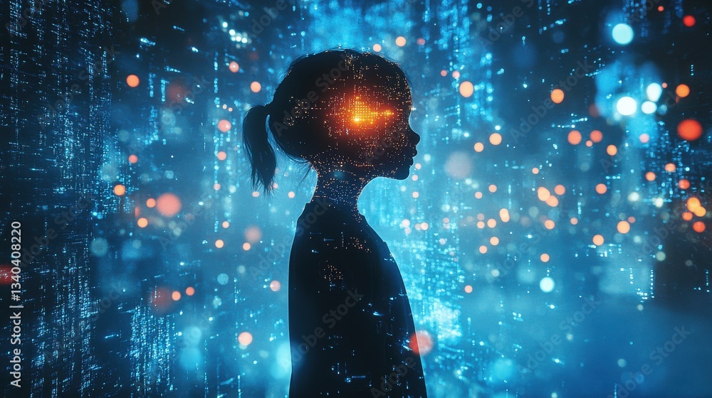 Poster mystical visualization of a child in a glowing digital world at twilight