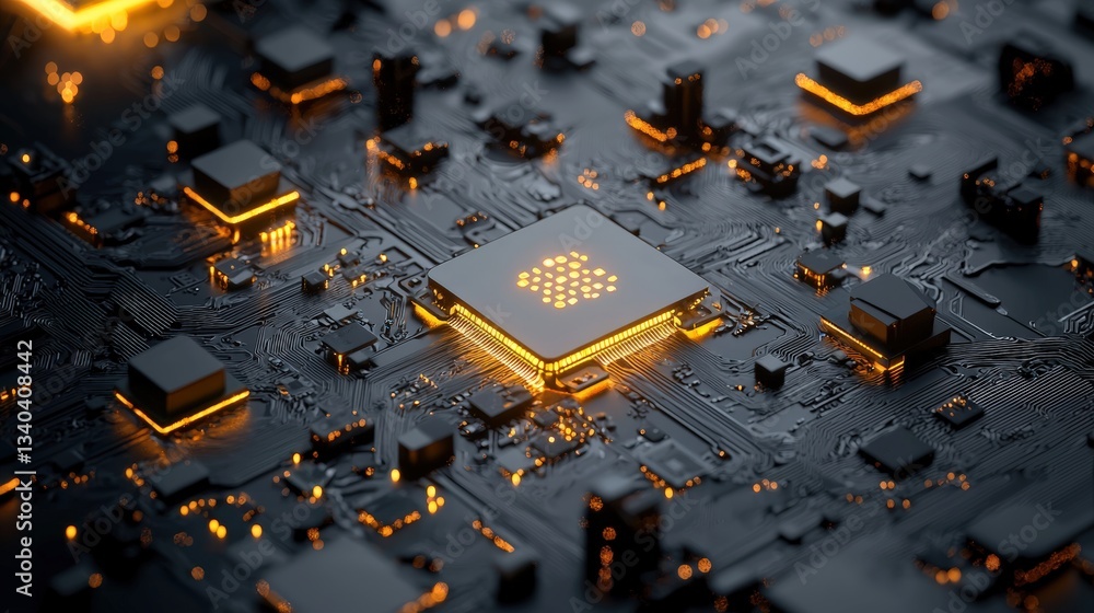 Aufkleber close-up view of a modern microchip with illuminated circuits and intricate details, showcasing adva