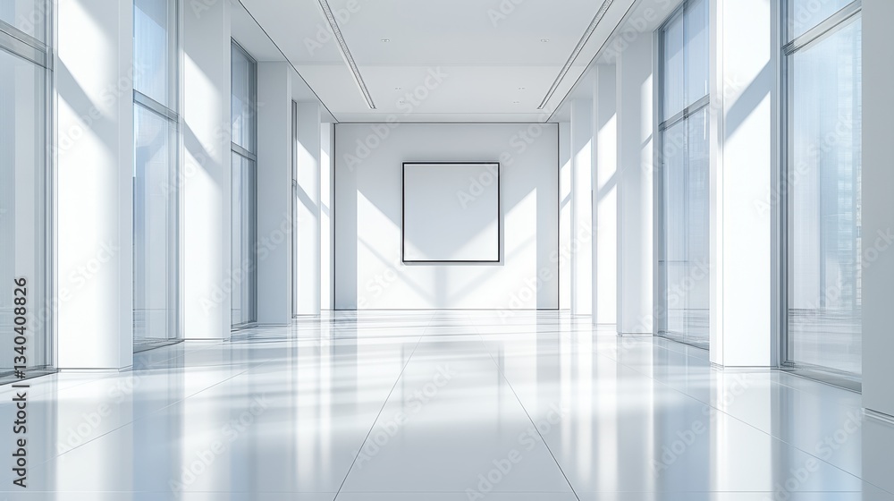 Poster bright modern hallway with white columns and square frame in a minimalist architectural style
